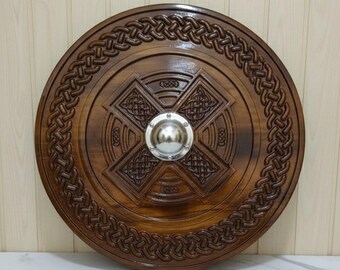 Celtic Cross Wooden Shield 24 Inch | Hand Carved Shield Featuring an Intricate Viking Celtic Cross Knotwork Motif Perfect Wall Decor Gift