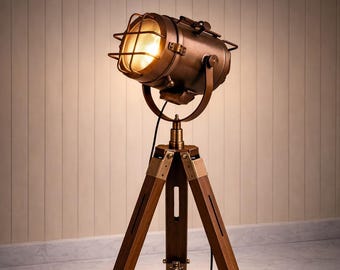 Handmade Copper Searchlight Tripod Floor Lamp – Industrial Spotlight Antique Style Nautical Brass Studio Light with Adjustable Wooden Base