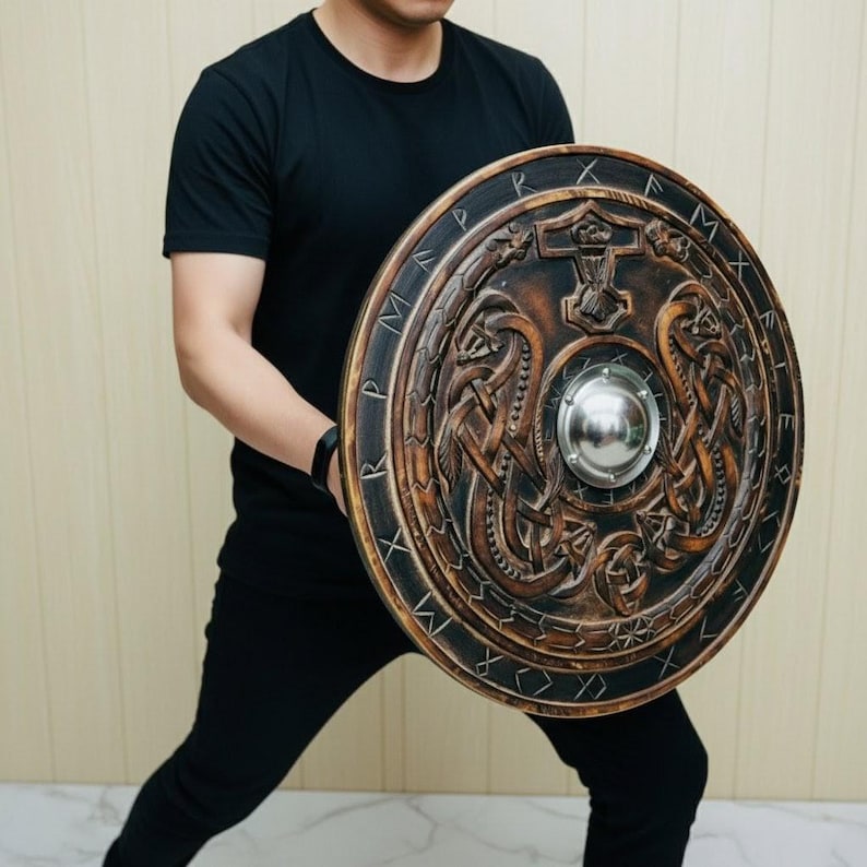 Hand Carved Viking Shield 24 Inch | Wooden Round Shield Wall Decor | Norse Serpent Dragon Design | Medieval Rustic Home Decor Display Gift image 2
