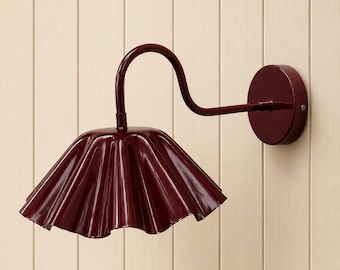 Handmade Wine Color Scalloped Wall Sconce | Burgundy Gooseneck Flower Wall Lamp | Mid Century Modern Oxyblood Red Fluted Vanity Light Décor