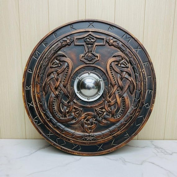 Hand Carved Viking Shield 24 Inch | Wooden Round Shield Wall Decor | Norse Serpent Dragon Design | Medieval Rustic Home Decor Display Gift