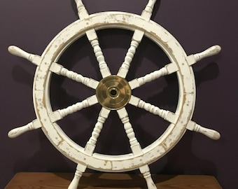 Antique White Nautical Ship Wheel Wall Decor | Handcrafted Wooden Ocean Steering Wheel | Coastal Beach House Maritime Scurf Mark Sailor Gift