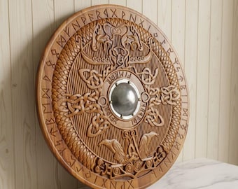 Hand Carved Viking Shield 24" | Norse Mythology Raven Ornaments Inspired Elements Medieval Round Wooden Shield Wall Art | Rustic Home Dècor