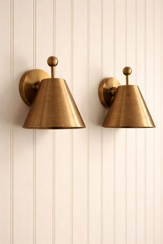 Handmade Brass Wall Sconce with Switch Mid Century Bedside Reading Lamp Adjustable Cone Wall Light Scandinavian Bedroom Lighting Gift Decor