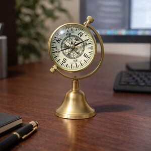 Horloge de table vintage en laiton nautique | Horloge de bureau et boussole à cardan | Décoration steampunk maritime pour la maison et le bureau, anniversaire, cadeau de retraite