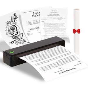 May include: A black portable document scanner with a green power button, scanning a document. Several printed papers are scattered around, including a receipt, a document with text, and a rolled-up certificate tied with a red ribbon.