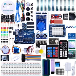 Puede incluir: Un completo kit de inicio ELEGOO UNO R3 con varios componentes electrónicos. Incluye una placa Arduino, protoboards, sensores, LEDs, resistencias y un mando a distancia. El kit también incluye un CD con bibliotecas de código. El texto en el CD dice "The Most Complete Starter Kit for UNO".