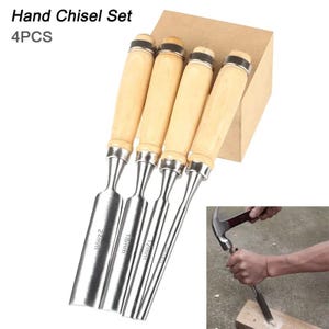 May include: A 4-piece hand chisel set featuring light-colored wooden handles with metal ferrules and steel blades. The blades are clearly marked with 24mm, 18mm, 12mm, and 6mm sizes. The text Hand Chisel Set 4PCS is visible in the upper left corner.