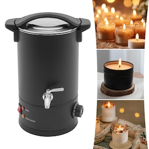 May include: A black candle wax melter with a silver spigot and a temperature control dial. The image also shows lit candles in glass jars and metal tins, and a candle with floral decorations.