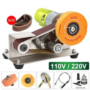 May include: A metal bench grinder with a brown sanding belt and an orange buffing wheel. The grinder has a green motor and the text "Made for USA" on the wheel. The text "110V / 220V" is also visible.