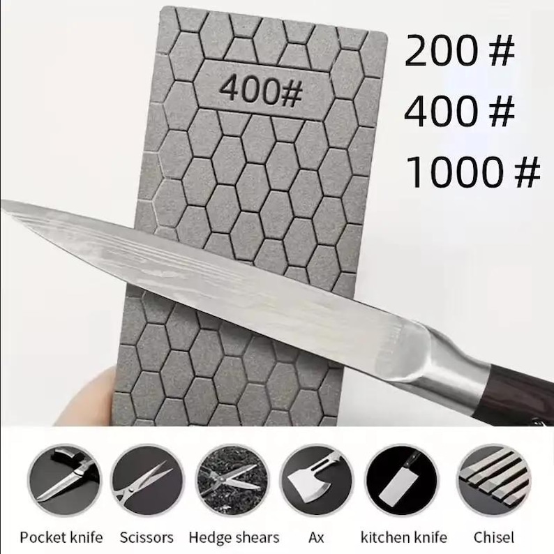 a close-up of a knife with a textured surface, likely a knife sharpener, and a set of various kitchen knives with different shapes and sizes.