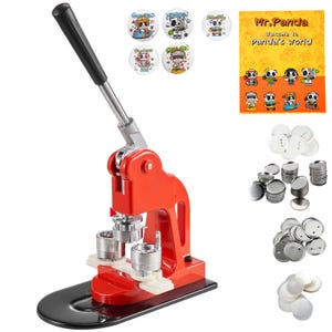 May include: A red button maker machine with a black handle and base. The machine is shown with several button designs featuring panda characters. Additional button components and a promotional poster are also visible.