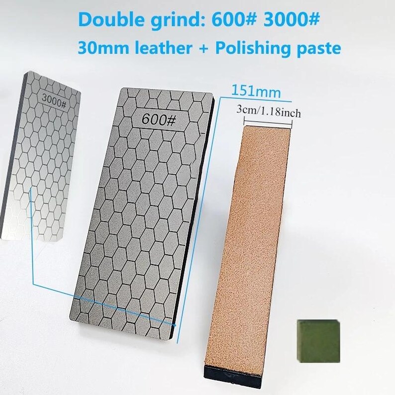 various types of knives and their sizes, including a double grind knife with a 600# and a 300# blade, a 150mm double grind knife, and a 3cm/1.18inch knife.