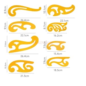 May include: A collection of eight yellow French curve rulers in various shapes and sizes. Each ruler is labeled with its dimensions in centimeters. These tools are used for drawing smooth curves in design and drafting.