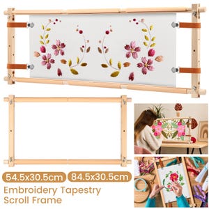 May include: A wooden embroidery tapestry scroll frame with a white fabric stretched across it. The fabric features a floral embroidery design in pink, red, and green. The frame is adjustable and includes leather straps. The text on the image reads "54.5x30.5cm 84.5x30.5cm Embroidery Tapestry Scroll Frame".