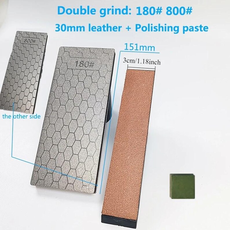 three different types of leather and polishing pastes, each with a specific size and texture. The largest piece is a double grind with a size of 180#800#, and the other two are smaller pieces, one with a size of 150# and the other with a size of 3cm 1.18inch.