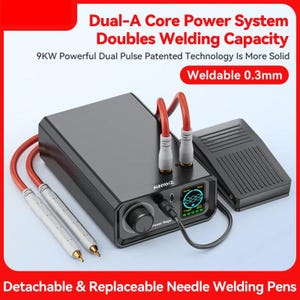 a dual-core power system with a welding capability, featuring a 9KW powerful dual pulse technology that is more solid. The device has a detachable and replaceable needle welding pen, and the image includes a description of the device's features.