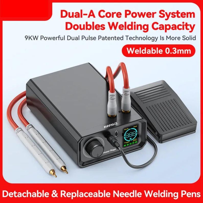 a dual-core power system with a welding capability, featuring a 9KW powerful dual pulse technology that is more solid. The device has a detachable and replaceable needle welding pen, and the image includes a description of the device's features.