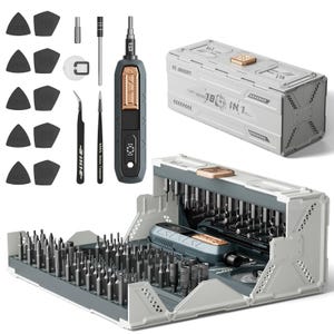 May include: A complete precision tool kit with a variety of bits, a powered screwdriver, and other accessories. The kit includes a storage case with multiple compartments and a white and gold color scheme. The kit is designed for electronics repair and other small projects.