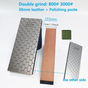three different types of abrasive tools, including a double grind, a 150mm leather, and a Polishing paste. The tools are designed for various grinding and polishing purposes, with different sizes and materials.