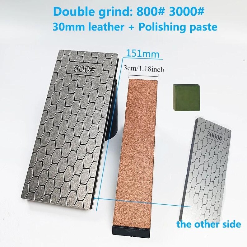 three different types of abrasive tools, including a double grind, a 150mm leather, and a Polishing paste. The tools are designed for various grinding and polishing purposes, with different sizes and materials.