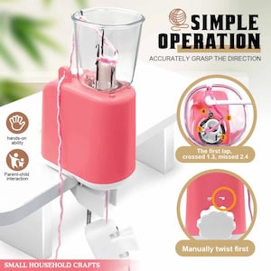 May include: A pink and white handheld knitting machine with a clear plastic top, featuring a metal hook mechanism. The device includes text labels: SIMPLE OPERATION, ACCURATELY GRASP THE DIRECTION, The first lap, crossed 1.3, missed 2.4, and Manually twist first.