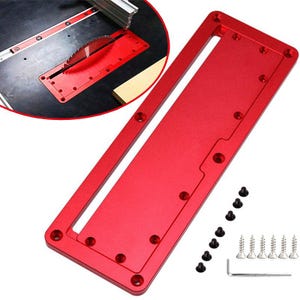 May include: A red table saw insert plate with multiple screw holes. The plate is rectangular with a cutout for the saw blade. Includes screws and an Allen key.