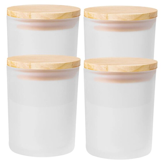 4-Piece Frosted Glass Candle Jars with Wooden Lids – Refillable Candle Making Containers, 3.5" Tall (9 x 7 cm)
