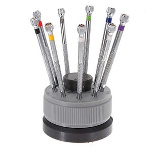 9-Piece Precision Screwdriver Set with Rotating Stand – Flat & Phillips Blades for Watch, Glasses and Electronics Repair