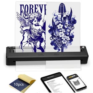 Wireless A4 Tattoo Stencil Printer Bundle – Bluetooth Thermal Transfer Printer with 10 Stencil Sheets, Mobile & PC Compatible