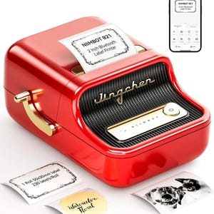 May include: A red NIIMBOT B21 2-inch Bluetooth label printer with gold accents. The printer has a retro design and includes a power button and a label output slot. Several printed labels are displayed, including one with a floral design and another with a dog image.