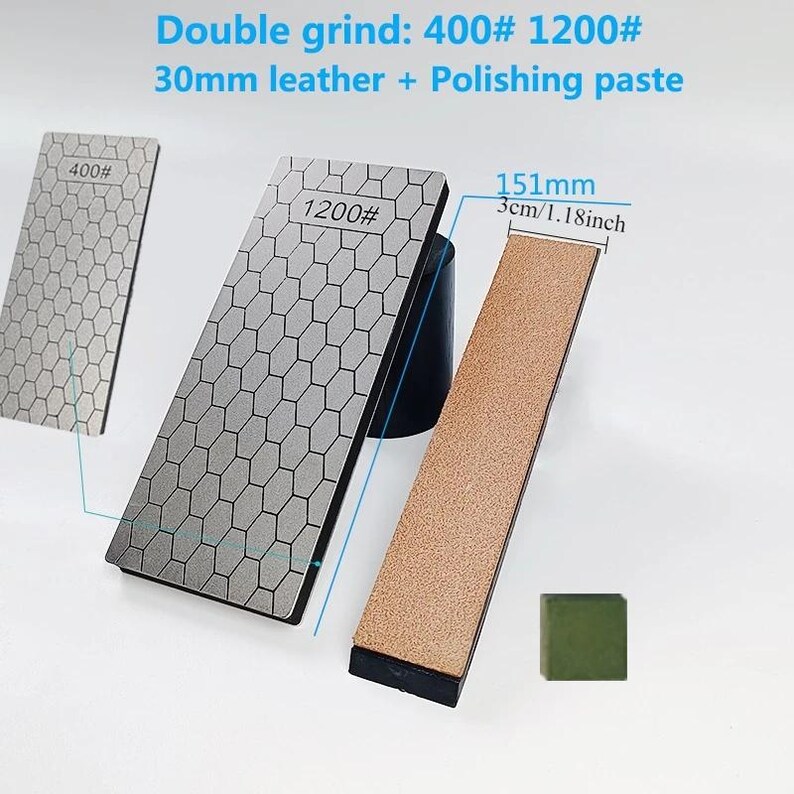 various types of knives and blades, including a double grind knife with a leather surface and a polishing paste. The knives are labeled with their sizes and features, such as the double grind knife with a leather surface and the polishing paste.