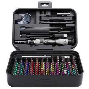 May include: A black toolbox with an assortment of tools, including screwdrivers, bits, and a magnifying glass. The tools are neatly organized in the open case, with various sizes and shapes for different tasks. The case is made of durable plastic.