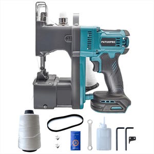 May include: A teal and black portable sewing machine with the text "PATUO PRO". Accessories include white thread, a belt, needles, a wrench, oil, and other tools. The machine is designed for portability and ease of use.