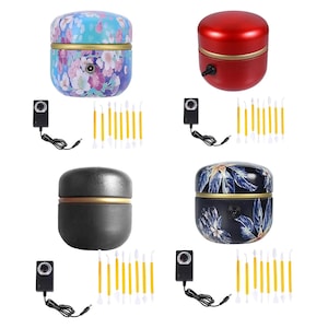 May include: Four sets of pottery wheels, each featuring a rounded container in blue floral, solid red, matte black, or dark blue leaf patterns. Each set includes a black power control box with a dial and a row of eight yellow-handled sculpting tools.