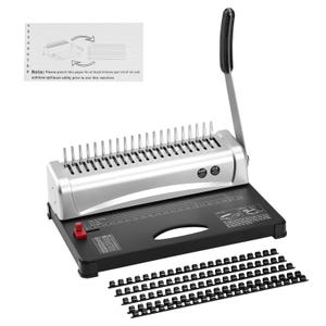 May include: A silver and black binding machine with a black handle and a red button. The machine has a series of metal prongs and a black base. The image includes a diagram and the text: "Note: Please punch this paper for at least 6 times get rid of oil and achieve optimum utility prior to use this machine."