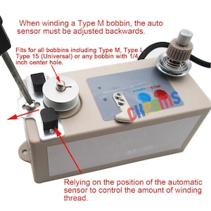 May include: A beige bobbin winder with text that reads "When winding a Type M bobbin, the auto sensor must be adjusted backwards." and "Fits for all bobbins including Type M, Type L Type 15 (Universal) or any bobbin with 1/4 inch center hole."