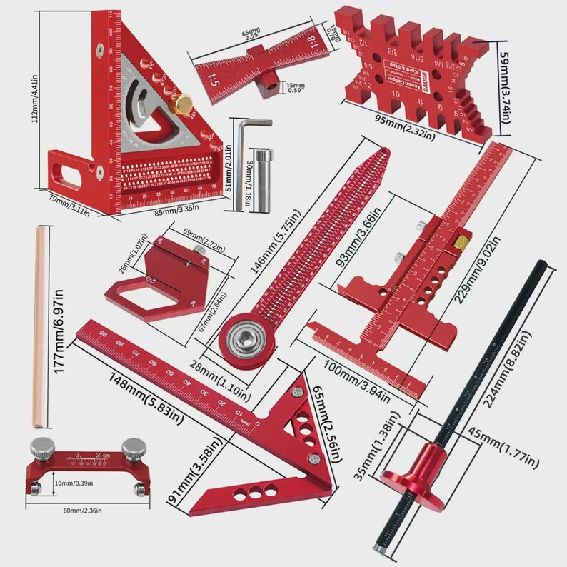 10-piece Woodworking Measuring & Layout Tool Kit – Precision Aluminum ...