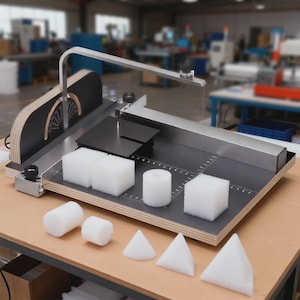May include: A foam cutting machine with a silver arm and wire, used for shaping foam blocks. The machine sits on a wooden base, with various white foam shapes, including cylinders, cubes, and pyramids, displayed on the surface.