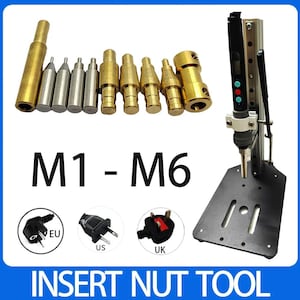 May include: An insert nut tool set featuring a vertical metal stand with a mounted heating device, a collection of ten brass and steel tips of varying shapes, and three power plug adapters labelled EU, US, and UK. The text M1 - M6 and INSERT NUT TOOL is visible.