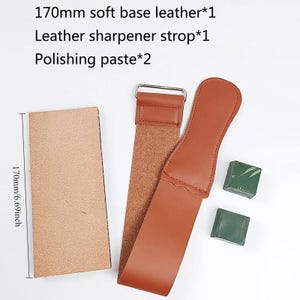 a leather strap, a leather sharpener, and some polishing paste, along with a ruler indicating the strap's size.