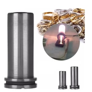 May include: A cylindrical, dark gray metal jewelry casting flask with a flared base. The image also shows a close-up of jewelry, a crucible with molten metal, and two smaller flasks. The flasks are used in jewelry making.