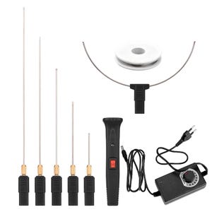 May include: A set of foam cutting tools, including multiple heated wire blades, a handheld cutter, and a power supply with a variable heat control. The tools are black and silver, designed for precision cutting of foam materials.