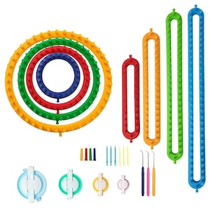 May include: A colorful knitting loom set featuring circular and straight looms in various sizes and colors, including yellow, green, red, and blue. The set also includes pom-pom makers, needles, and hooks for crafting.