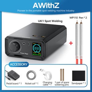 a portable spot welding machine, including a UK1 Spot Welding device, a WP110 Pen * 2, and various accessories such as a pedal board, nickel coil, charging cable, sandpaper, and a soldering pen.
