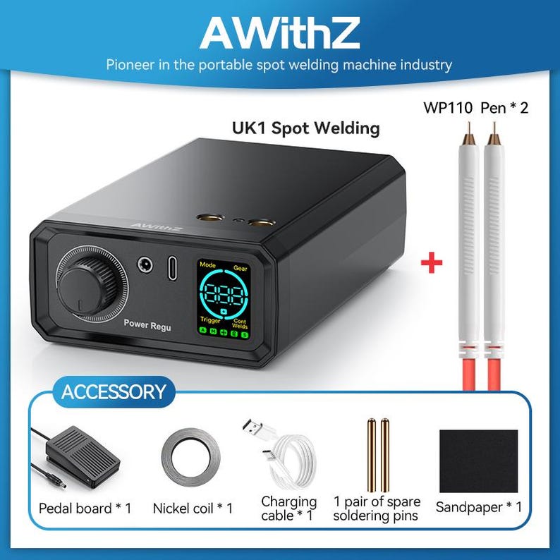 a portable spot welding machine, including a UK1 Spot Welding device, a WP110 Pen * 2, and various accessories such as a pedal board, nickel coil, charging cable, sandpaper, and a soldering pen.