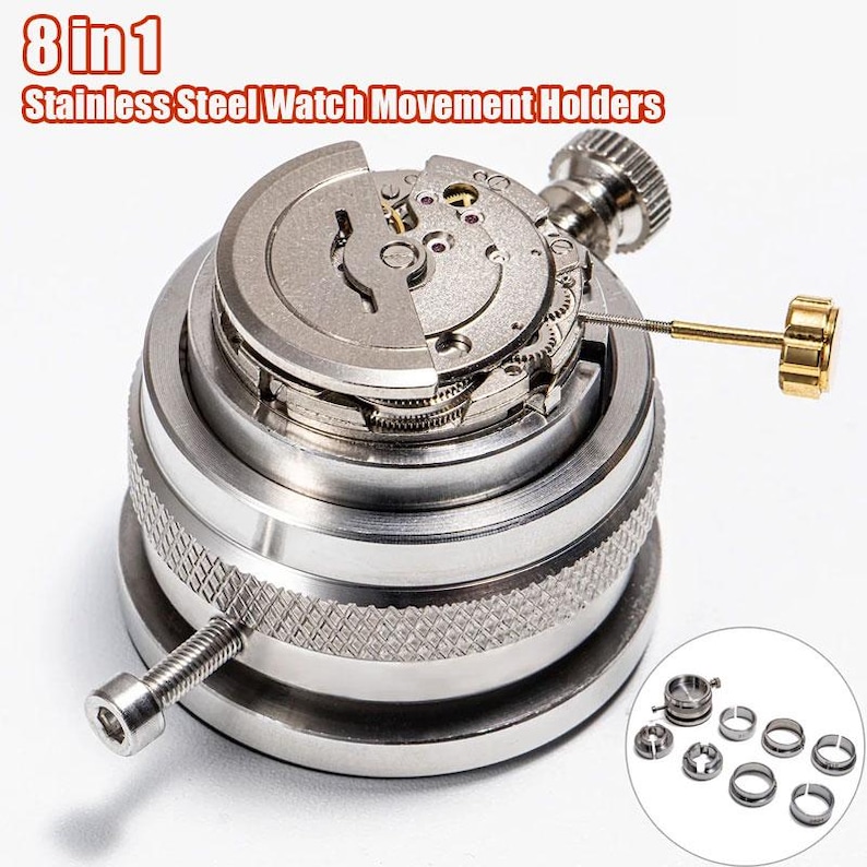 a close-up view of a mechanical watch movement, with various components visible, such as gears and springs. The image also includes a set of replacement parts for the watch movement.