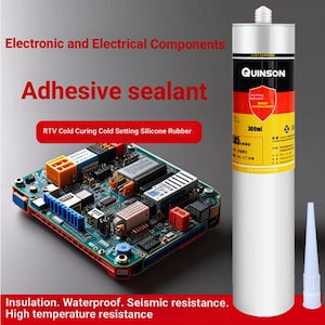 May include: A white tube of adhesive sealant with a black, red, and yellow label, next to a circuit board. The tube is labeled "QUINSON" and contains 300ml of sealant. Text on the image reads "Electronic and Electrical Components" and "Adhesive sealant."