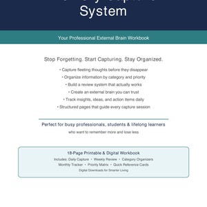 Può includere: Un quaderno di lavoro digitale intitolato "Memory Capture System" con un design blu scuro e verde acqua. Il quaderno di lavoro promette di aiutare gli utenti a smettere di dimenticare e a rimanere organizzati. Include acquisizione giornaliera, revisione settimanale e organizzatori di categorie.