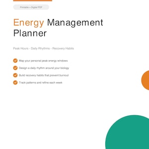 Puede incluir: Un PDF digital blanco titulado "Energy Management Planner" con elementos de diseño circulares naranjas y verdes. El planificador se centra en las horas pico, los ritmos diarios y los hábitos de recuperación. Incluye viñetas.